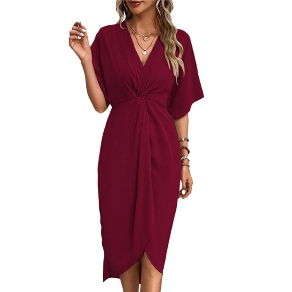 GIOIO - Vestido Liso Asimétrico Manga Raglán Minimalista Urbano Cita​ Rojo