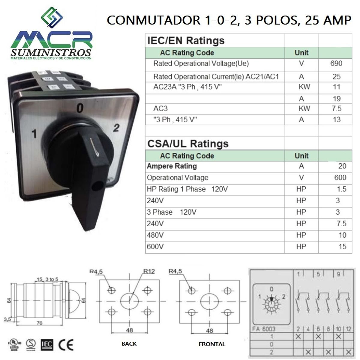GENERICO - CONMUTADOR O SELECTOR 1-0-2, 3 POLOS, 25 AMP