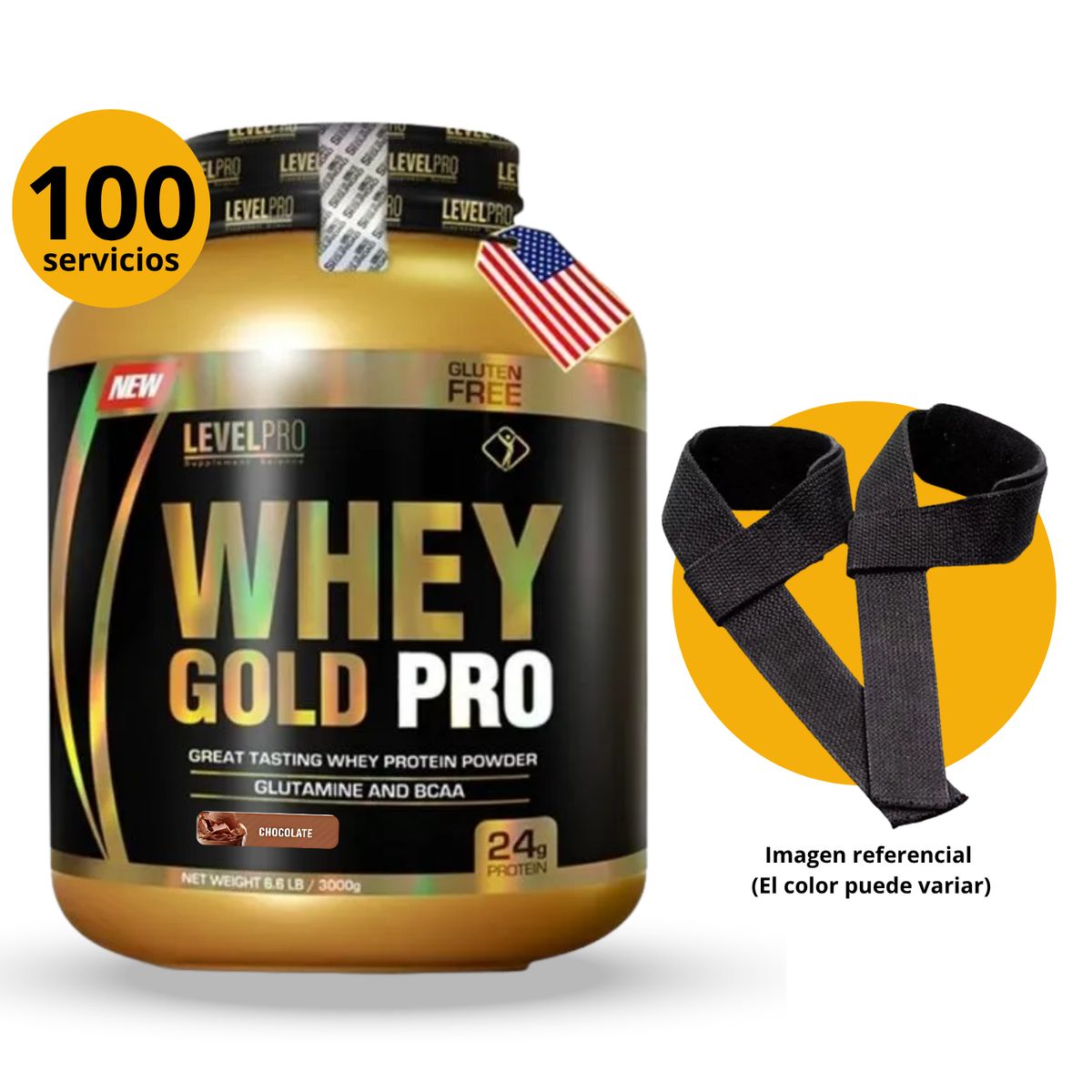 LEVEL PRO - WHEYGOLDPRO DE 3kg CHOCOLATE CON STRAPS - PROTEÍNA WHEY
