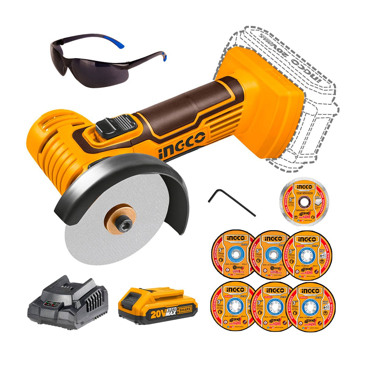 INGCO TOOLS - Amoladora Angular 3 Corte Inalámbrica X1 Bat 2.0 Ah Discos