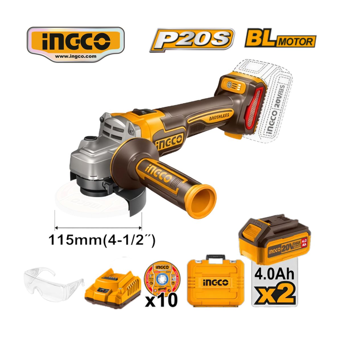 INGCO TOOLS - AMOLADORA ANGULAR BRUSHLESS 20V CAGLI211542 + LENTES DE SEGURIDAD TRANSPARENTES HSG05