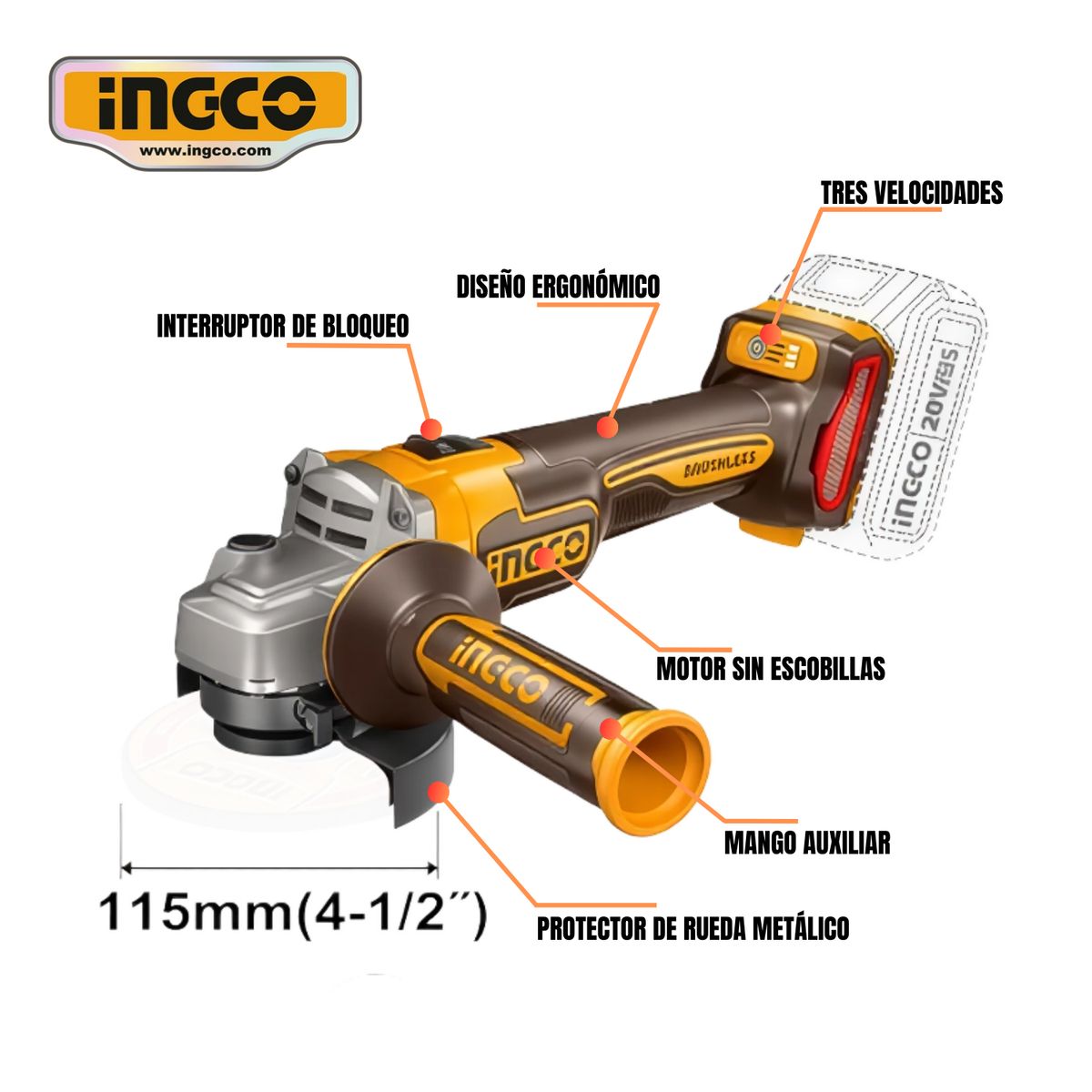 INGCO TOOLS - AMOLADORA ANGULAR BRUSHLESS 20V CAGLI211542 + LENTES DE SEGURIDAD TRANSPARENTES HSG05