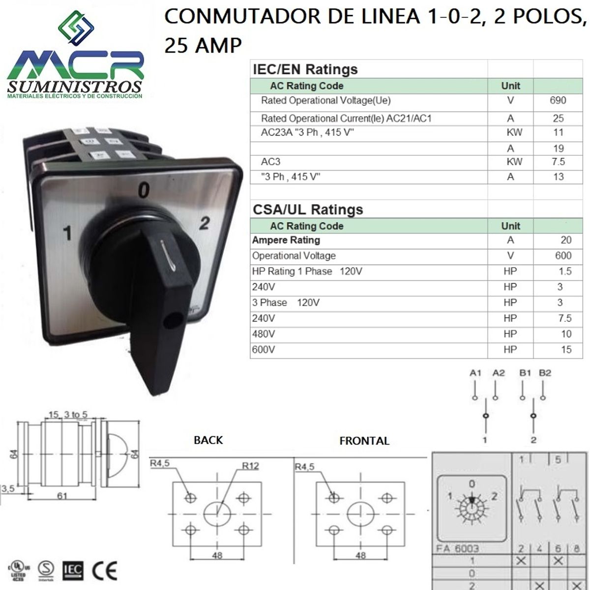 GENERICO - CONMUTADOR O SELECTOR 1-0-2, 2 POLOS, 25 AMP