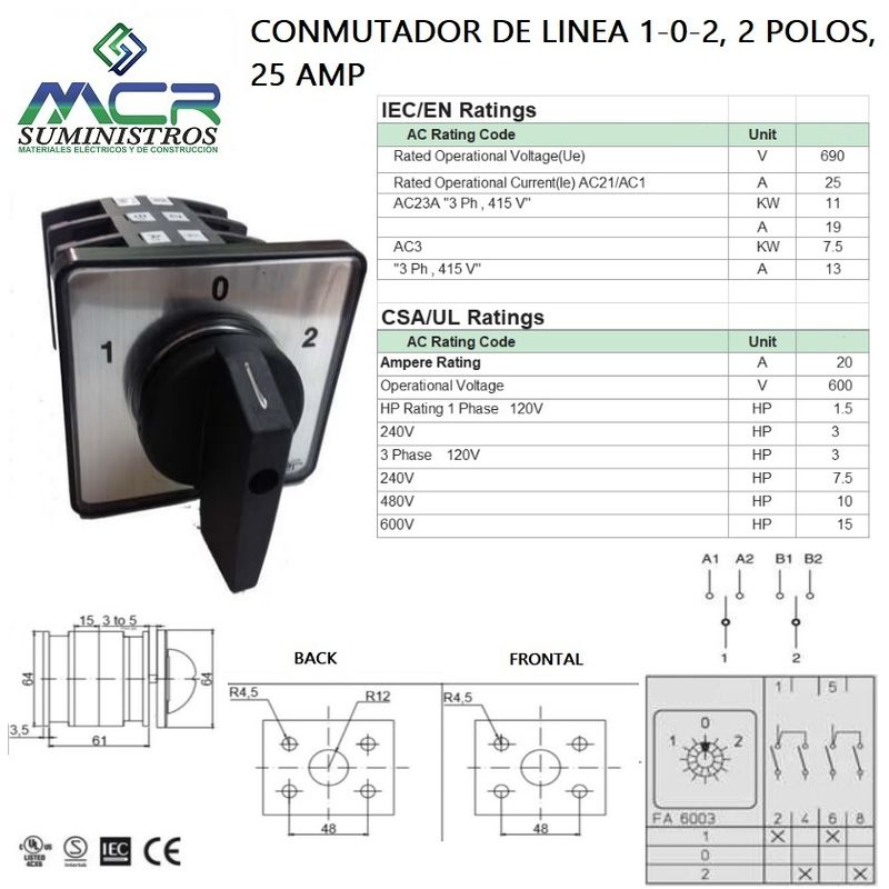GENERICO - CONMUTADOR O SELECTOR 1-0-2, 2 POLOS, 25 AMP