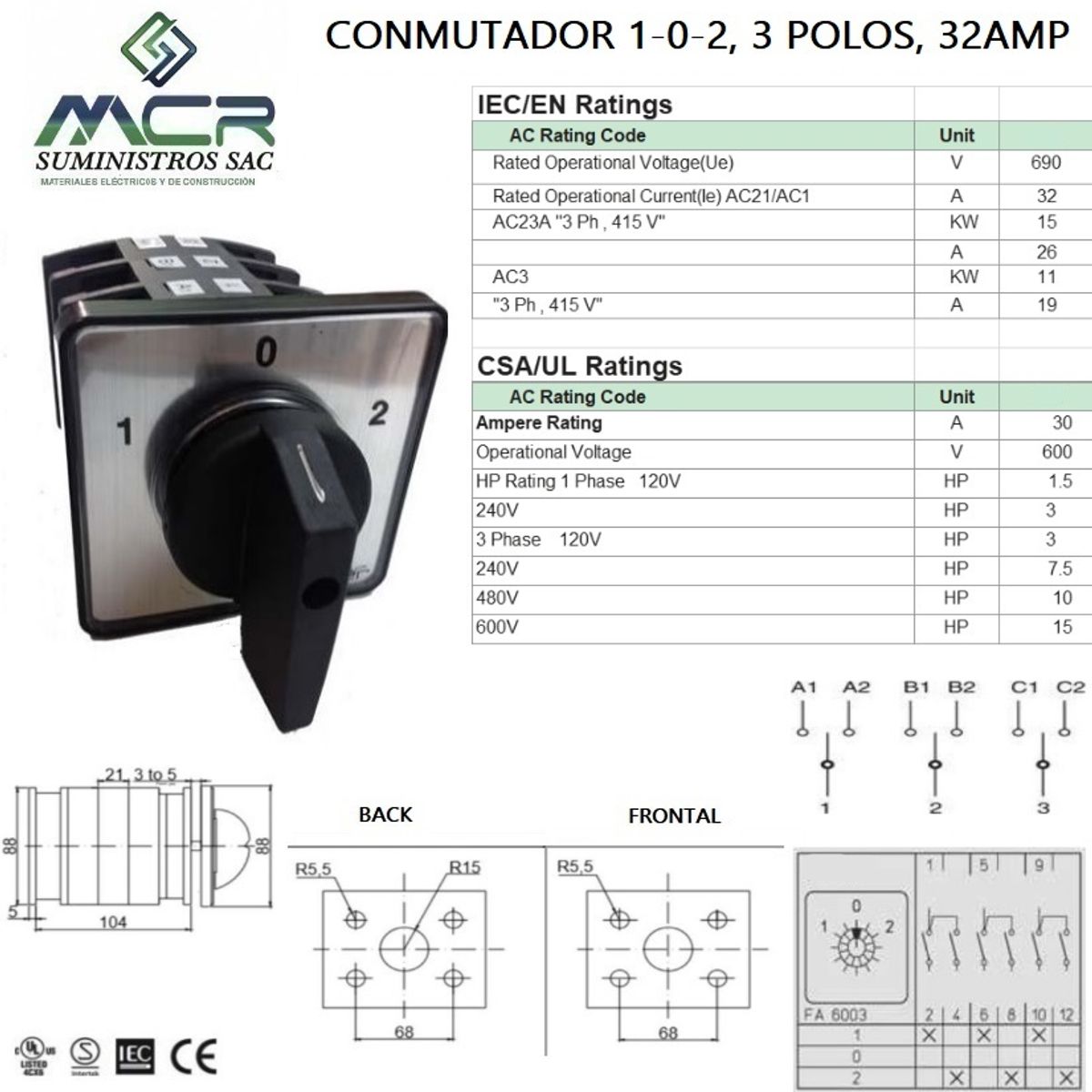 GENERICO - CONMUTADOR O SELECTOR 1-0-2, 3 POLOS, 32 AMP