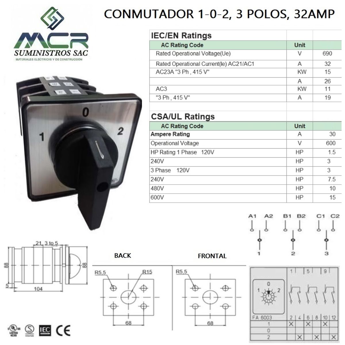 GENERICO - CONMUTADOR O SELECTOR 1-0-2, 3 POLOS, 32 AMP