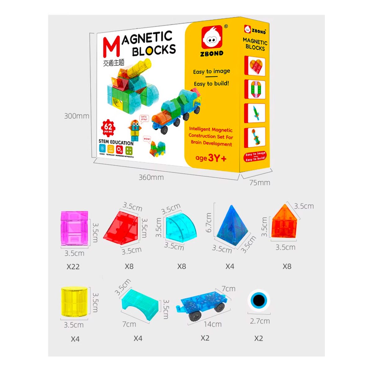 STM - Bloques magnéticos 3D didácticos STEM ZBOND 62pz DUÓ PACK 124 piezas