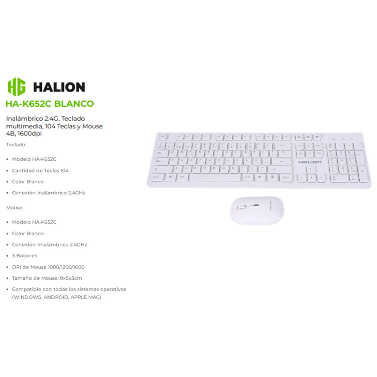HALION - Kit de Teclado y Mouse Inalambrico  HA-K652C 3 BTS DPI 1600 HALION