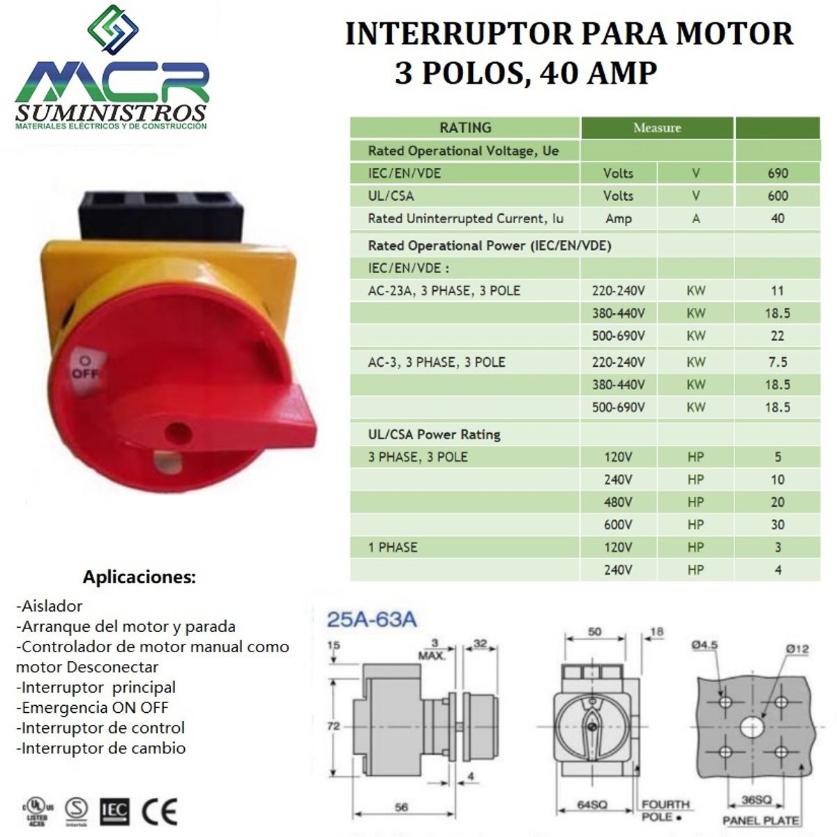 GENERICO - SECCIONADOR O INTERRUPTOR PARA MOTOR 3 POLOS, 40 AMP