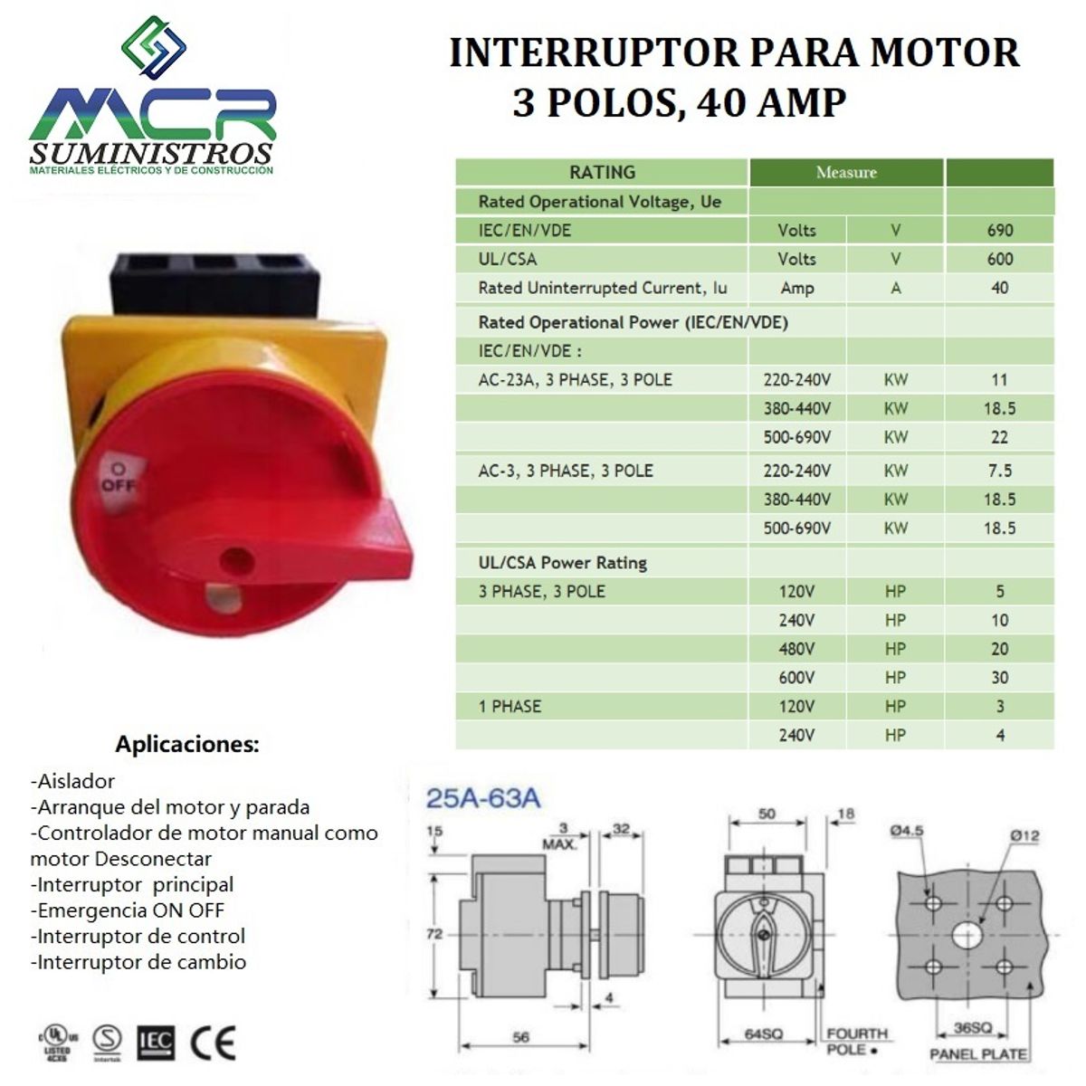 GENERICO - SECCIONADOR O INTERRUPTOR PARA MOTOR 3 POLOS, 40 AMP