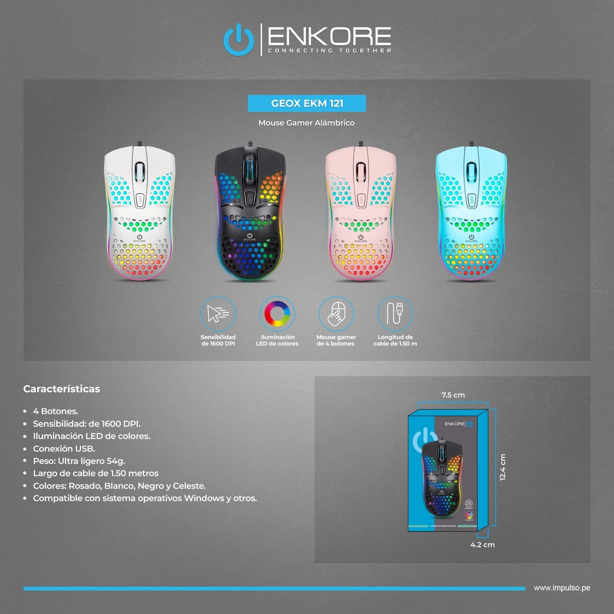 ENKORE - Mouse Gamer LED Alámbrico 1600DPI  Negro Enkore Geox Ingravide EKM 121K