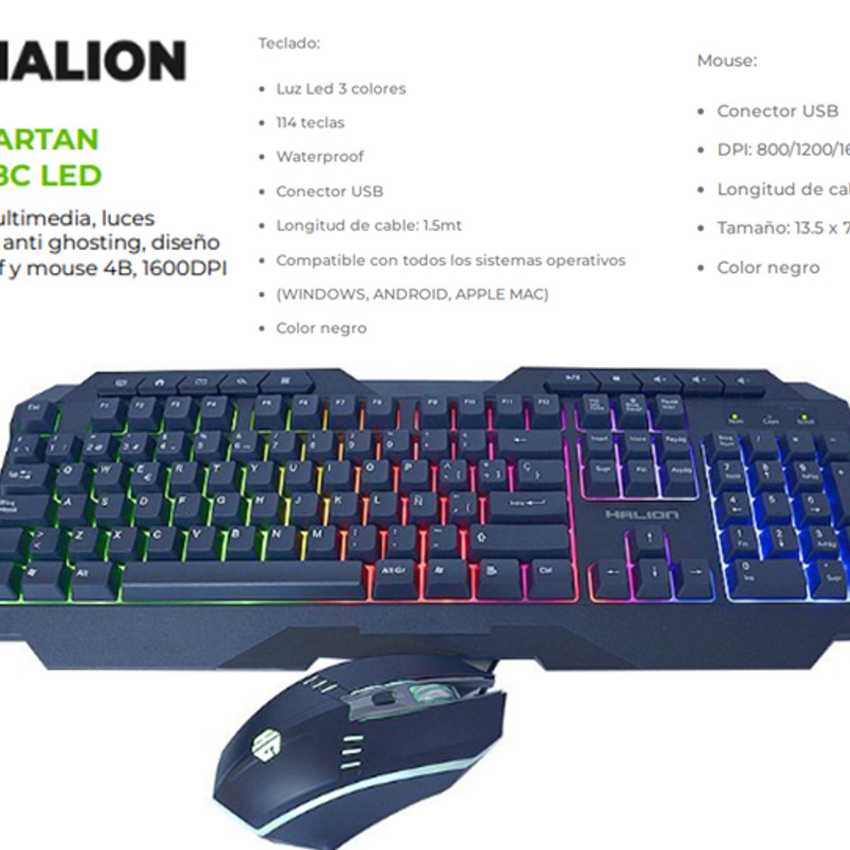HALION - Kit Gamer SPARTAN HA-808C Teclado y Mouse LED USB DPI 1600 HALION