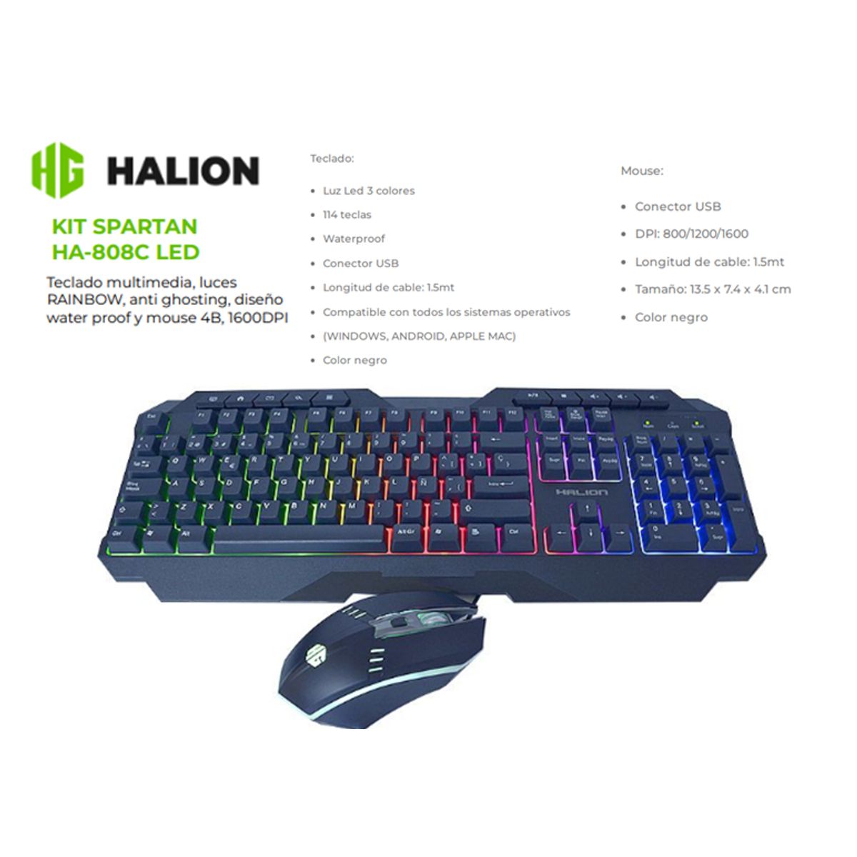 HALION - Kit Gamer SPARTAN HA-808C Teclado y Mouse LED USB DPI 1600 HALION