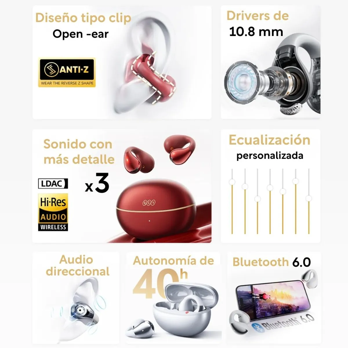 QCY - Audifonos Inalambricos QCY Crossky C30S Open Ear con Clip autonomía de 40h