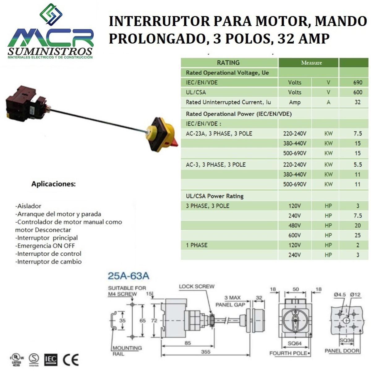 GENERICO - INTERRUPTOR PARA MOTOR, MANDO PROLONGADO 3 POLOS, 32 AMP