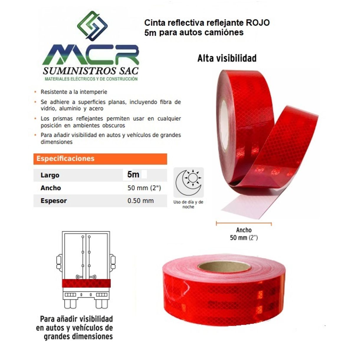 GENERICO - Cinta reflectiva reflejante ROJO 2" ancho o 5 cm x 5 metros para autos camiónes