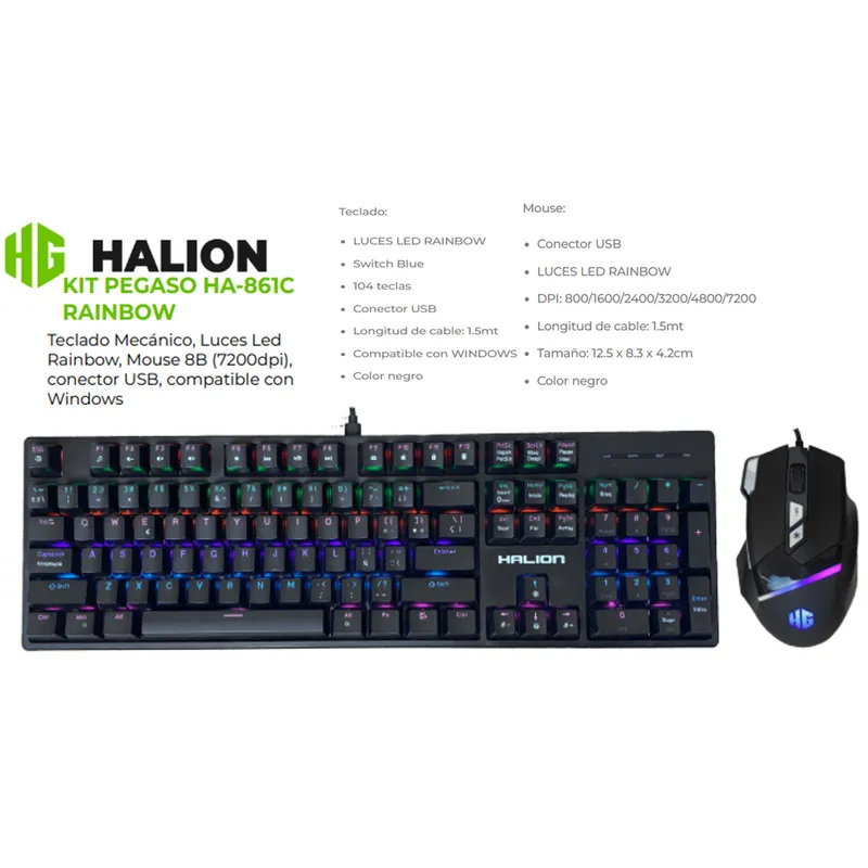 HALION - Kit Gamer PEGASO HA-861C Teclado y Mouse USB LED Rainbow HALION