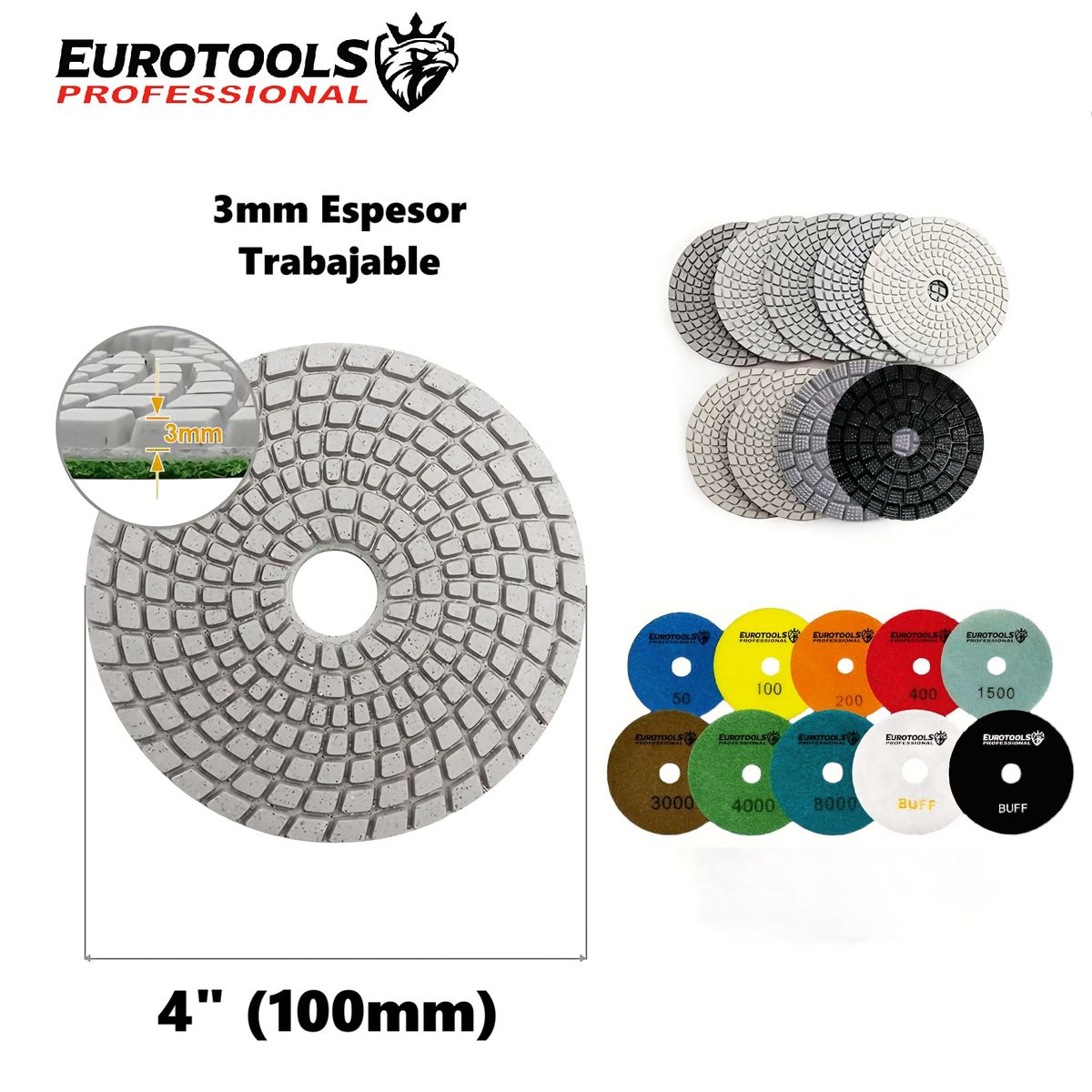 GENERICO - Set 10 Disco Almohadillas Pulidor 4" para Granito EUROTOOLS