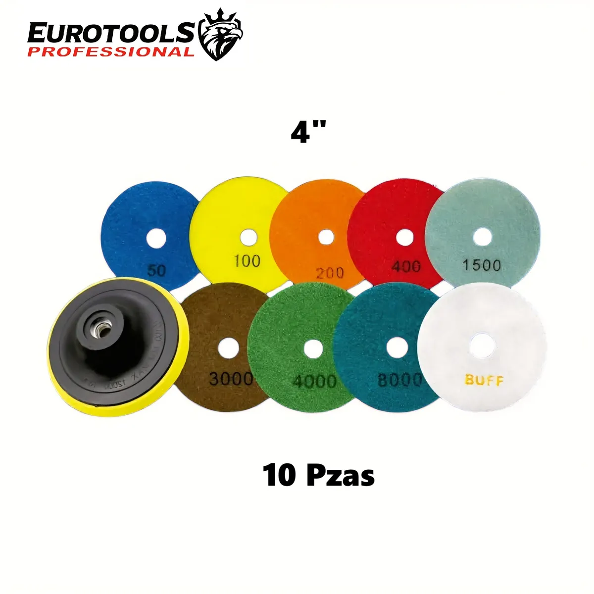 GENERICO - Base + 9 Discos Almohadillas Pulidor 4" para Granito EUROTOOLS