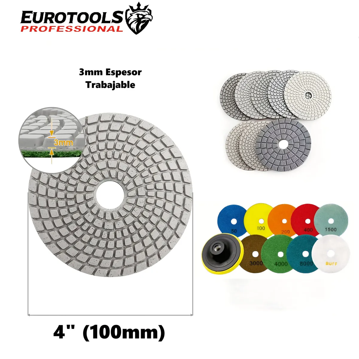 GENERICO - Base + 9 Discos Almohadillas Pulidor 4" para Granito EUROTOOLS
