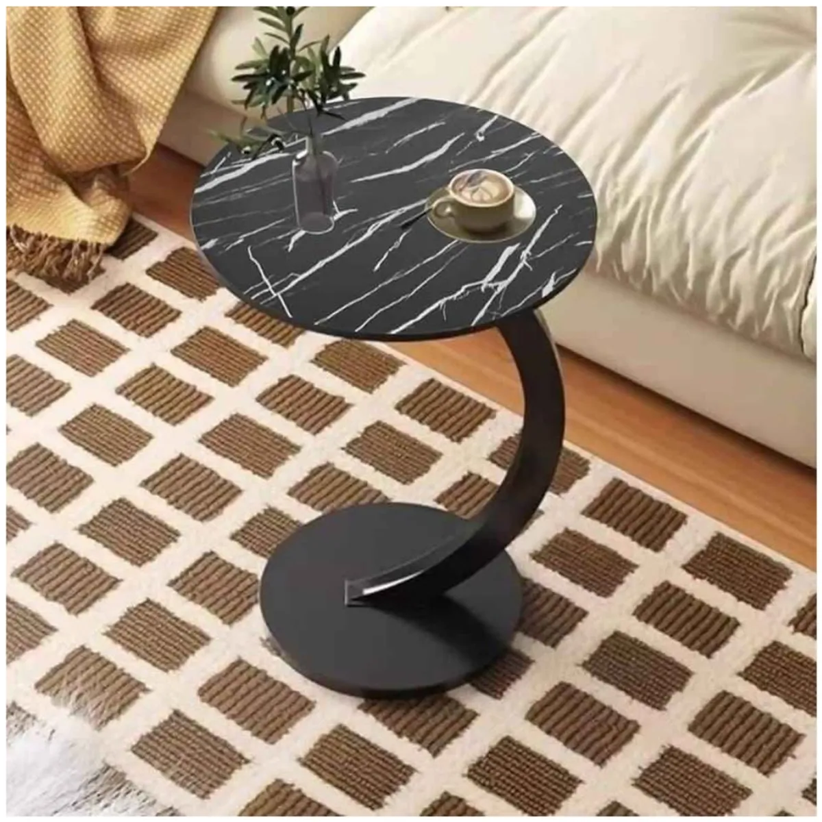 INSPIRA MARKET - Mesa Auxiliar Circular Moderna en Forma de C Negro Marmoleado