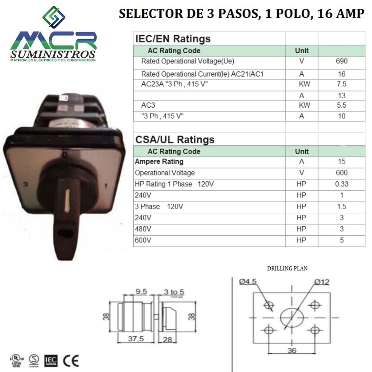 GENERICO - INTERRUPTOR O SELECTOR ROTATIVO 3 PASOS, 1 POLOS, 16 AMP