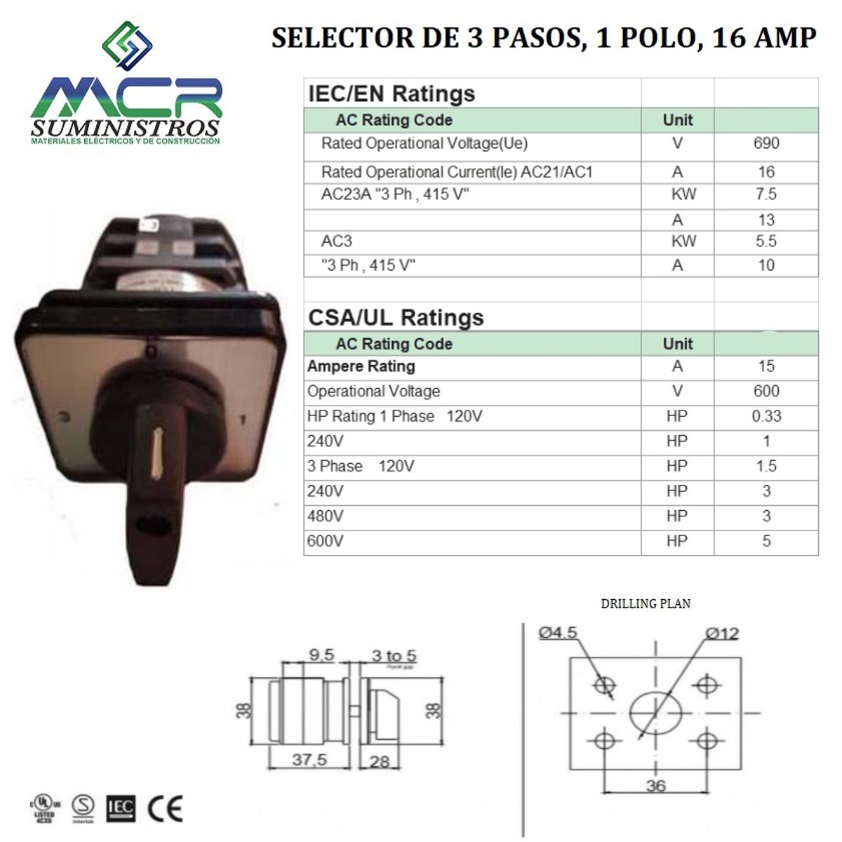 GENERICO - INTERRUPTOR O SELECTOR ROTATIVO 3 PASOS, 1 POLOS, 16 AMP