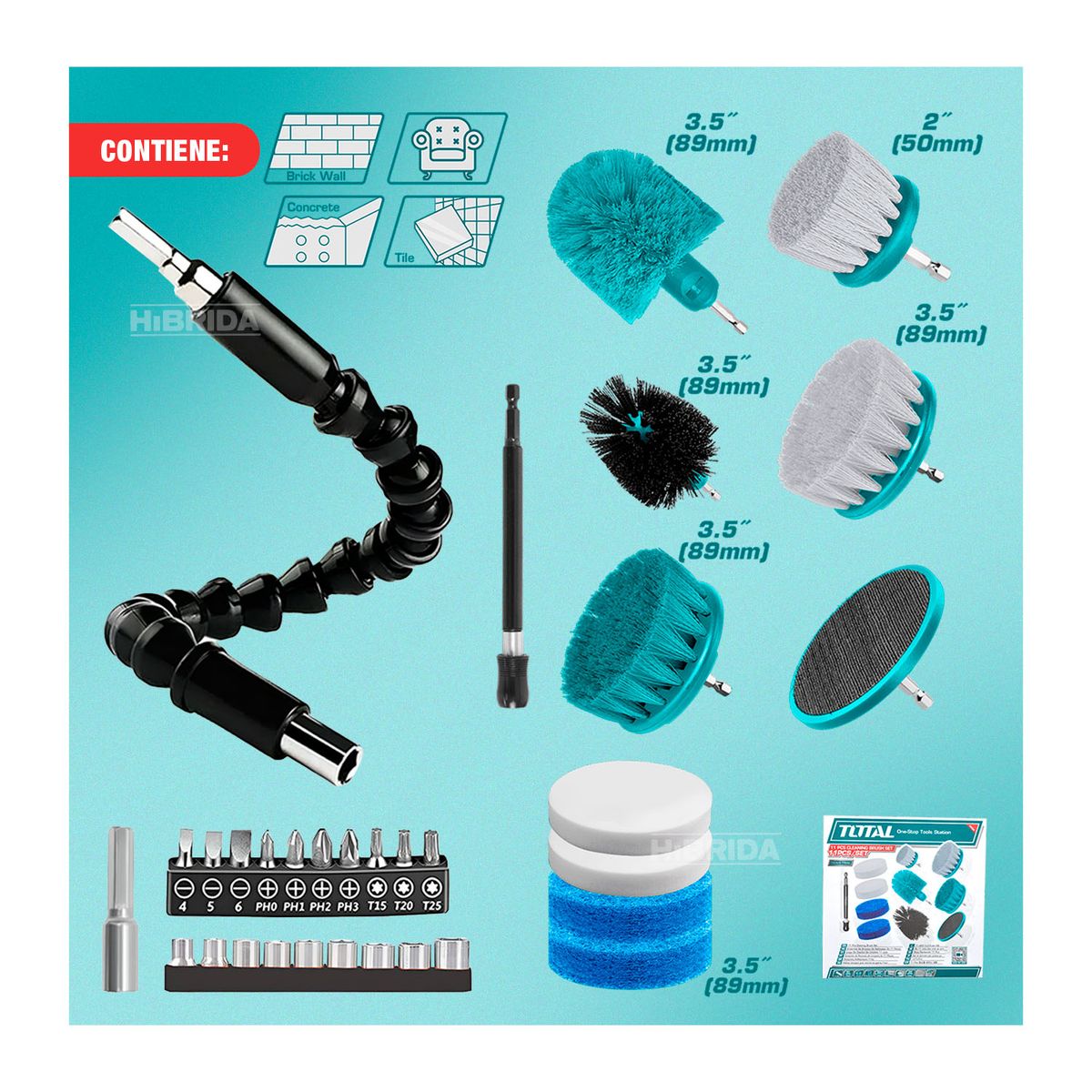 TOTAL TOOLS - Set Escobillas Para Taladro 11 Pzas Multiuso Cepillos Total