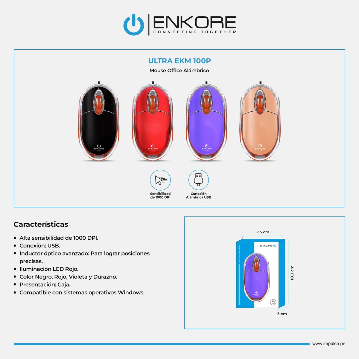 ENKORE - Mouse Oficina LED Alámbrico 1000DPI Durazno Enkore Ultra EKM 100P