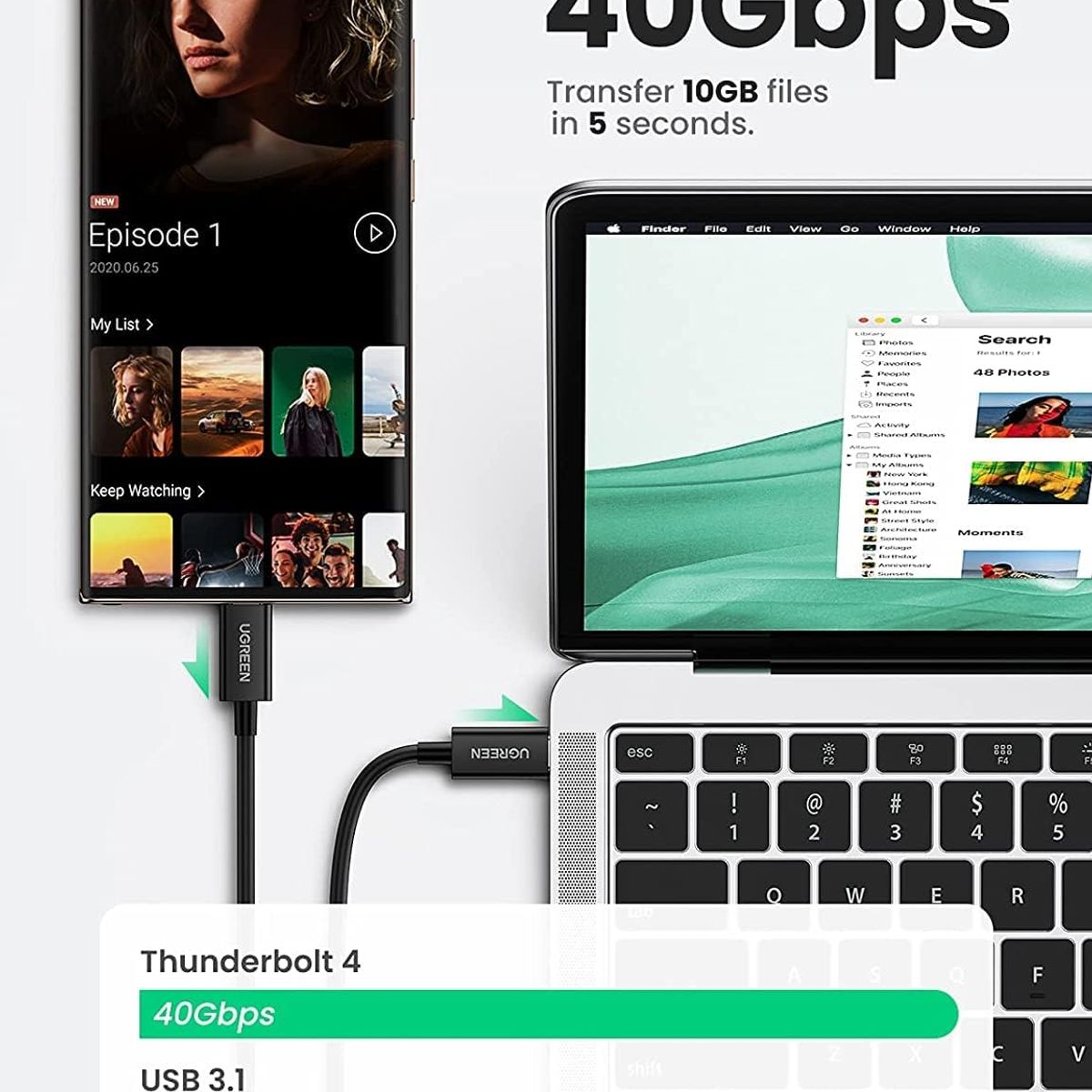 UGREEN - Cable Cargador Ugreen Usb C Thunderbolt 4 Pd 100 W 40 Gbps Color Negro