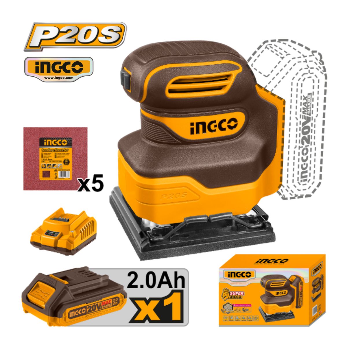 INGCO TOOLS - CSHSLI20141 LIJADORA ORBITAL 20V + 1 BATERÍA 2.0 AH + CARGADOR