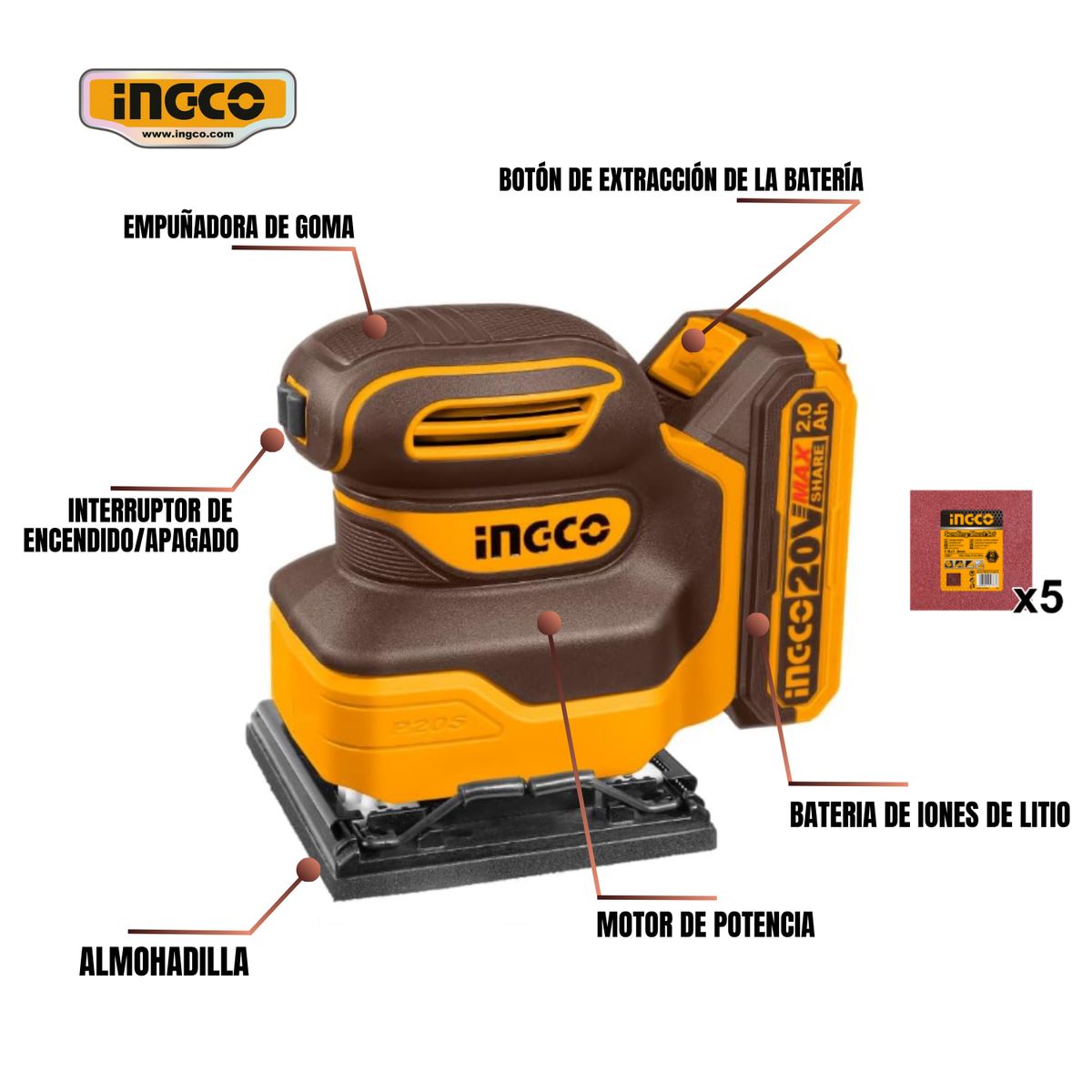 INGCO TOOLS - CSHSLI20141 LIJADORA ORBITAL 20V + 1 BATERÍA 2.0 AH + CARGADOR