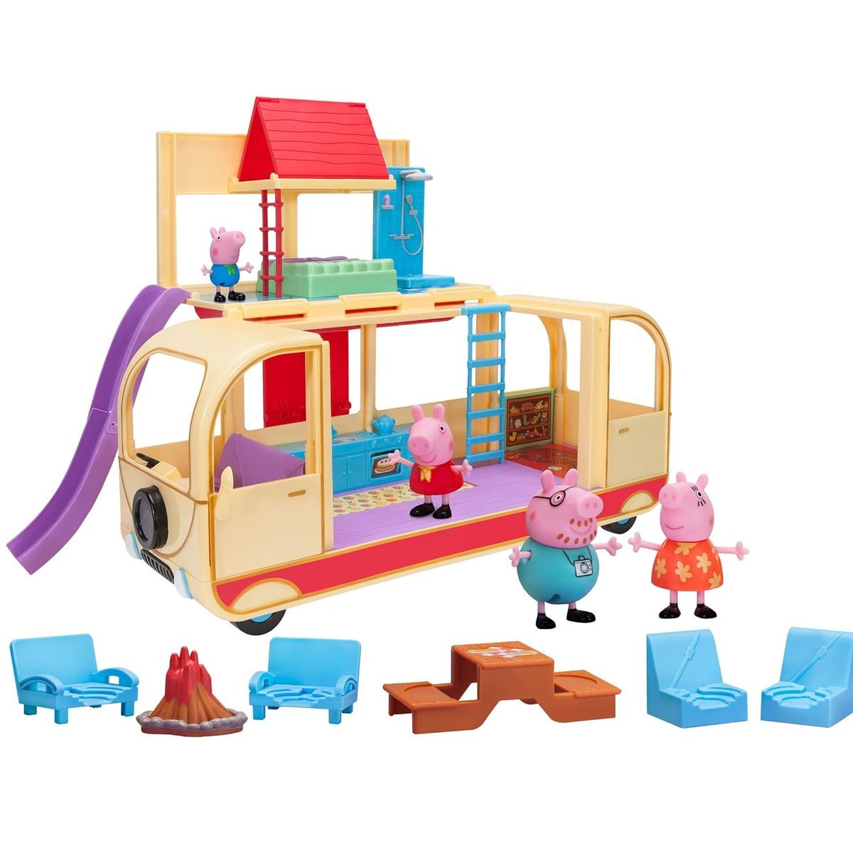 GENERICO - Peppa Pig Camper Caravana Campamento Playset 4 Figuras