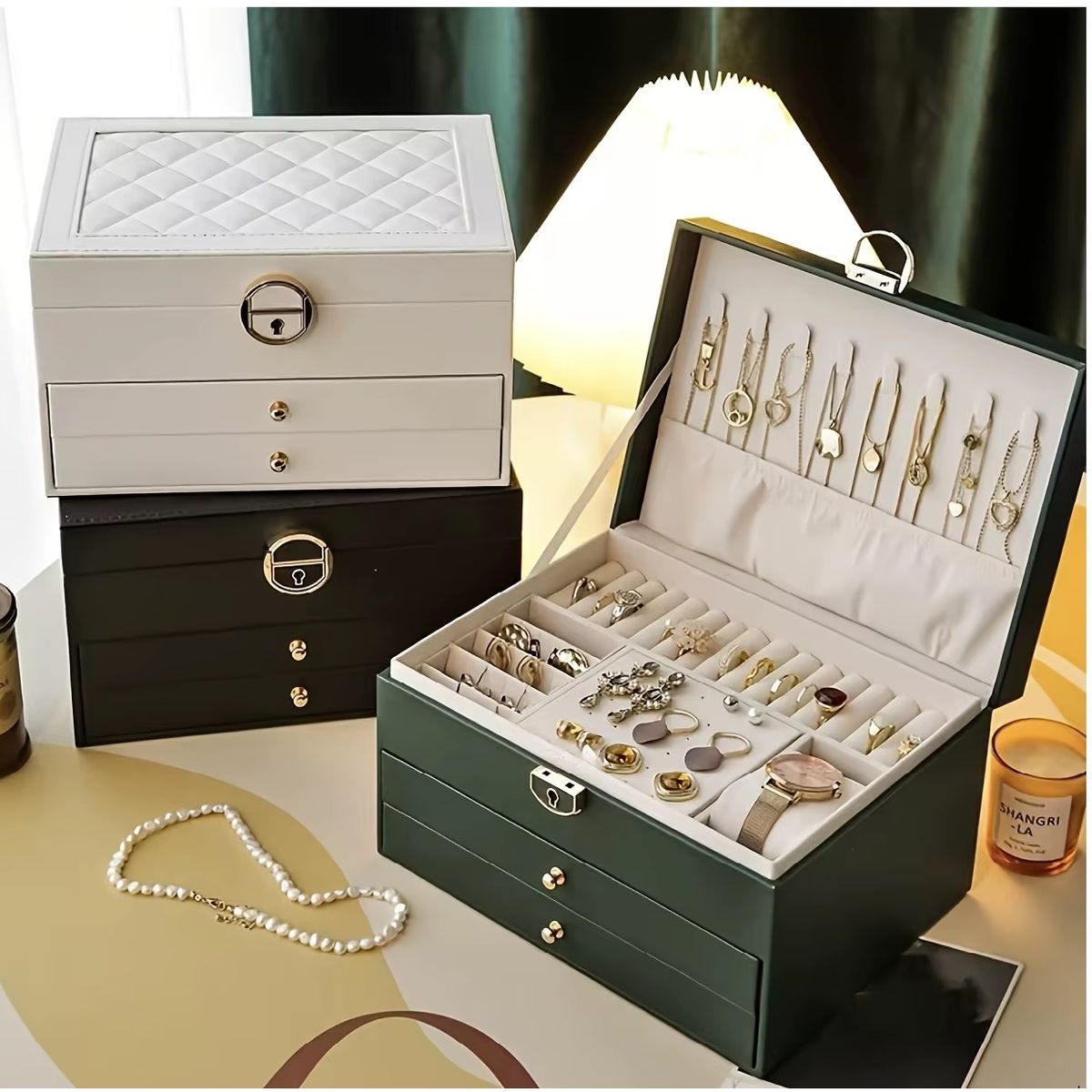 GENERICO - JOYERO ORGANIZADOR TIPO COFRE CON LLAVE DE 3 NIVELES.