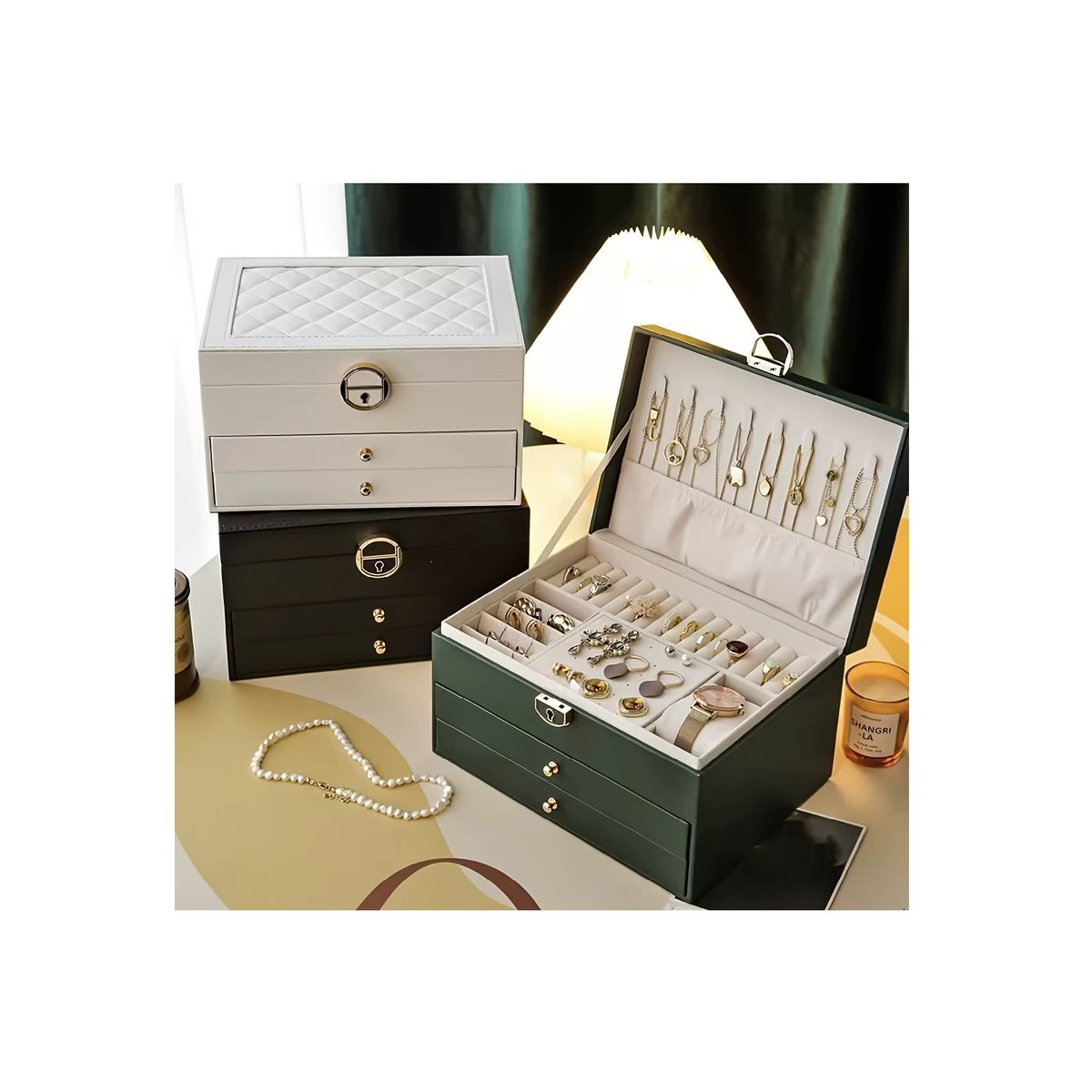 GENERICO - JOYERO ORGANIZADOR TIPO COFRE CON LLAVE DE 3 NIVELES.