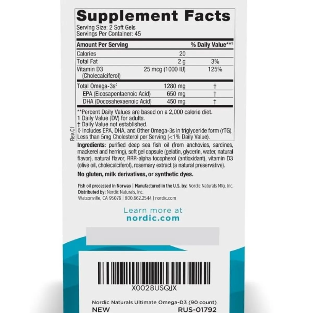 NORDIC - Omega 3 Ultimate 1280 mg Vitamina D 3 Nordic Naturals 90 Cápsulas