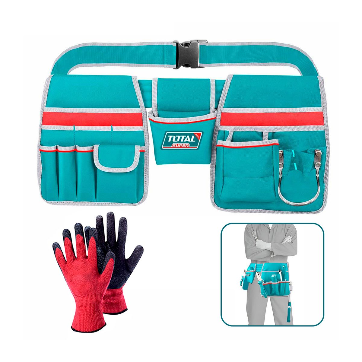 TOTAL TOOLS - Porta Herramientas 12 Bolsillo Cinturón 10kg Total + Guantes