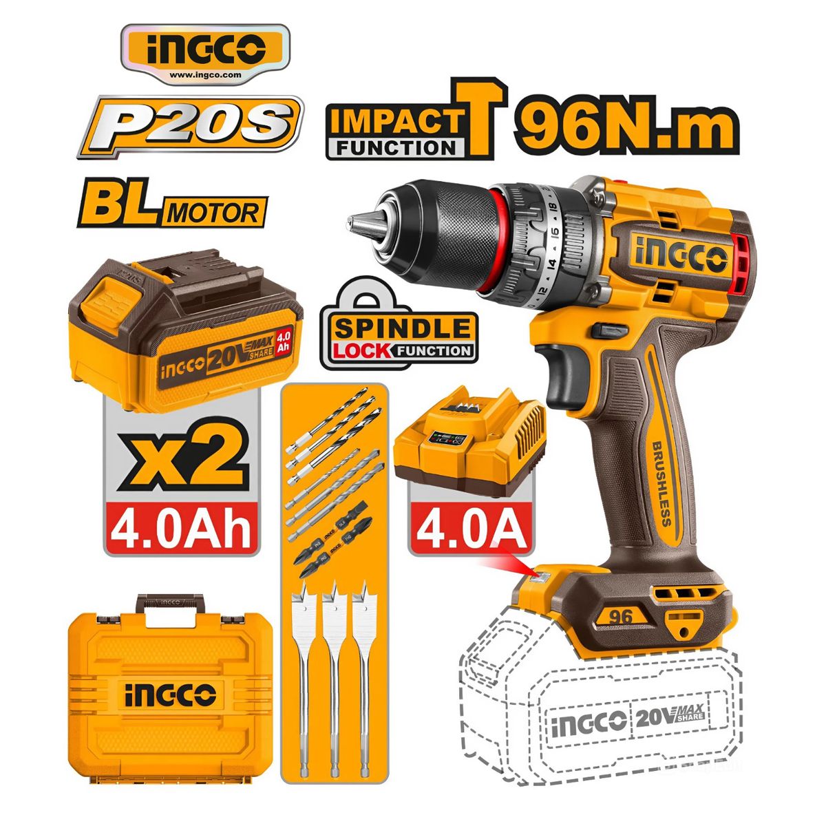 INGCO TOOLS - CIDLI20968 TALADRO PERCUTOR A BATERÍA 20V BRUSHLESS 96NM + ACCESORIOS