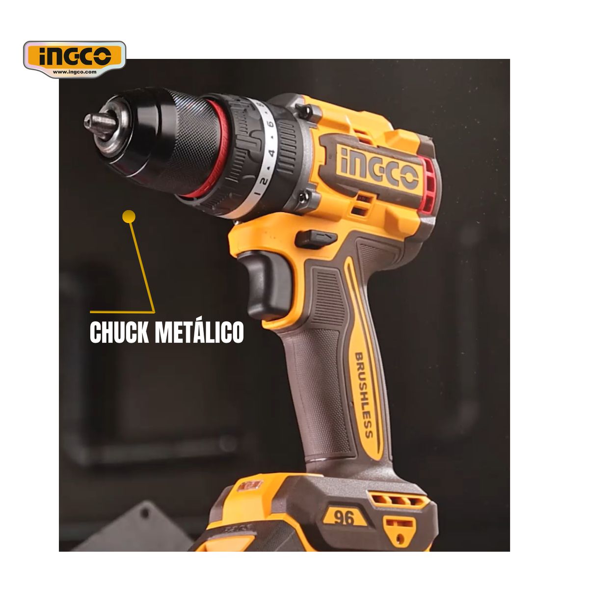INGCO TOOLS - CIDLI20968 TALADRO PERCUTOR A BATERÍA 20V BRUSHLESS 96NM + ACCESORIOS