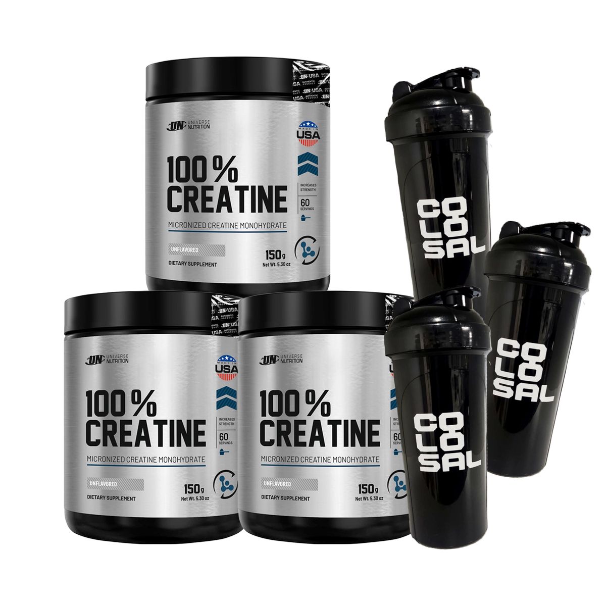 UNIVERSE NUTRITION - PACK X3 100% Creatina Universe Nutrition 150GR + 3 Shakers