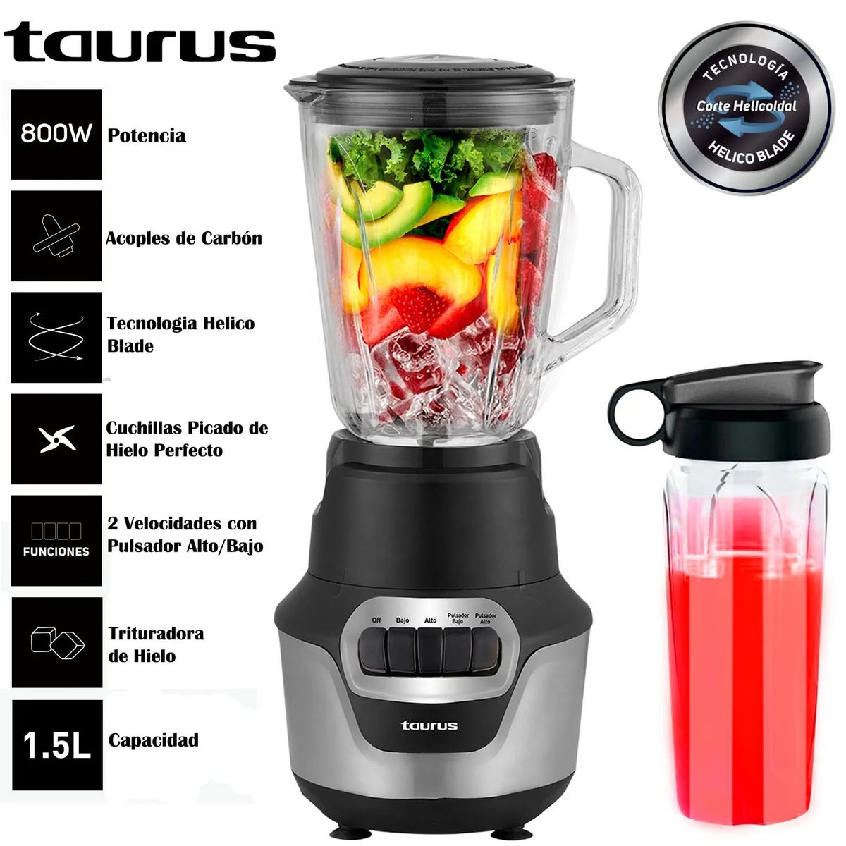 TAURUS - Licuadora Taurus Perfect Push con Tecnología Helicoblade 15L 800W