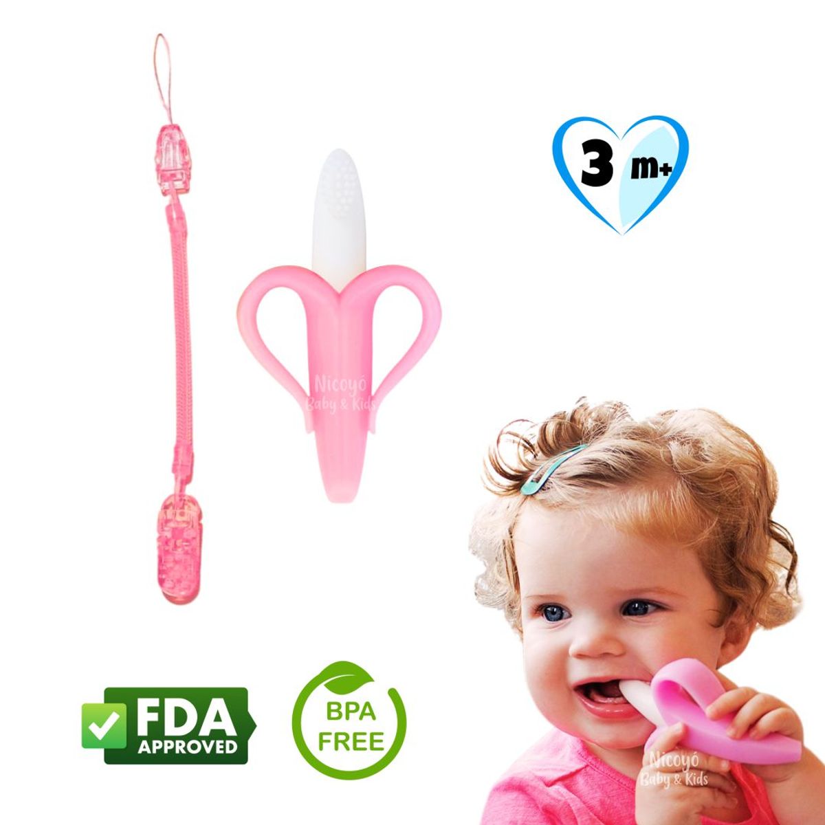 MIMOS - Mordedor Platanito de Silicona Rosado con Sujetador