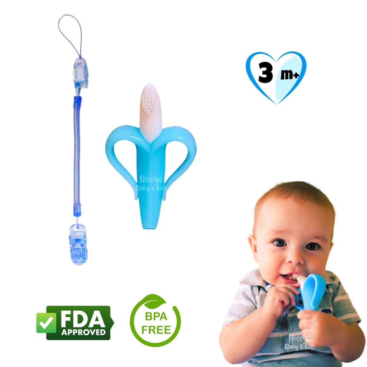 MIMOS - Mordedor Platanito de Silicona Azul con Sujetador