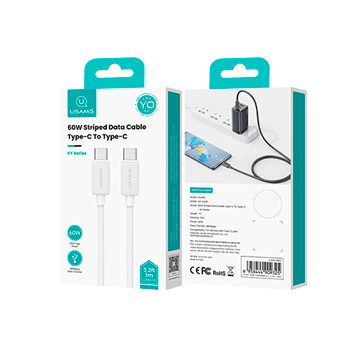 USAMS - Cable Celular rápido USAMS TypeC a TypeC PD 60W 1m Blanco KY