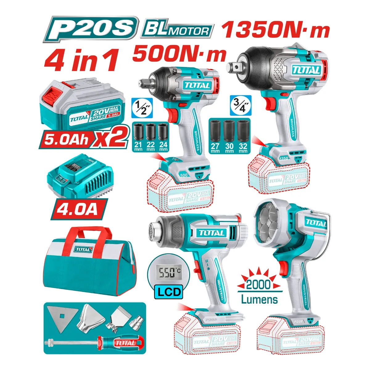 TOTAL TOOLS - Kit Industrial 2 Llaves de impacto +Pistola de Calor + Linterna Total