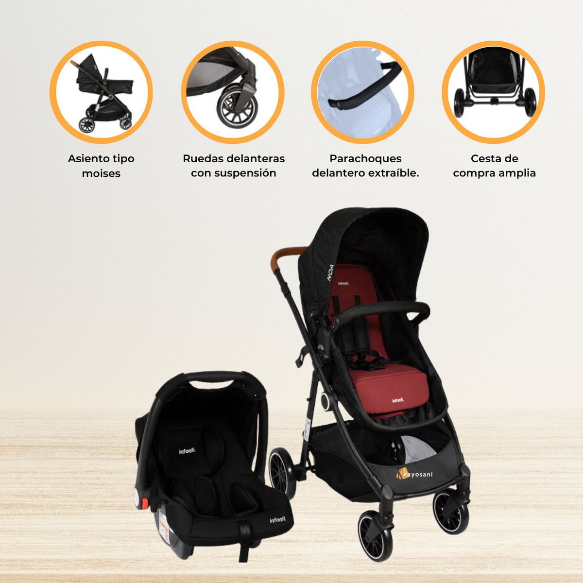 INFANTI - Coche Travel System con Silla Portabebé «NOA» Red