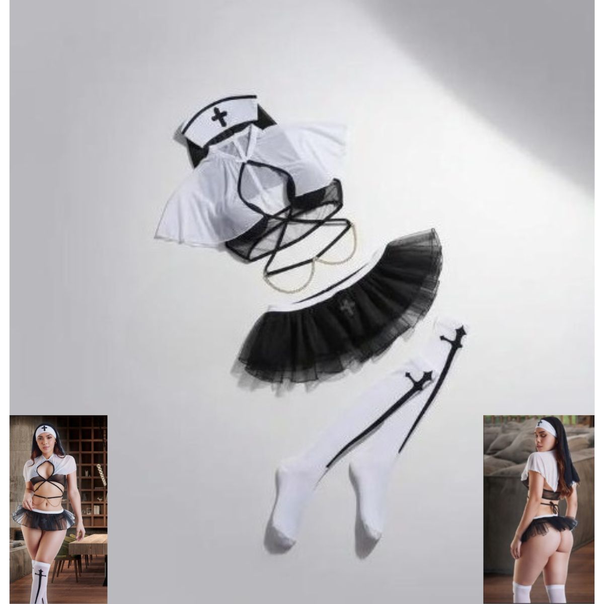 GENERICO - LENCERIA SEXY DISFRAZ MONJA TRANSPARENTE TALLA  S-M-L