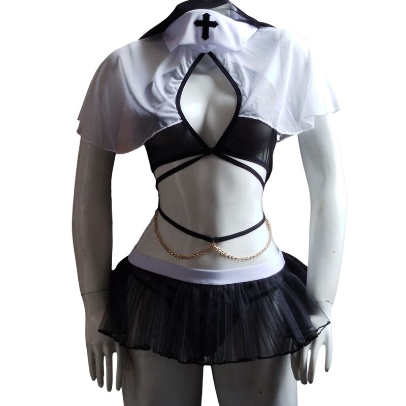 GENERICO - LENCERIA SEXY DISFRAZ MONJA TRANSPARENTE TALLA  S-M-L