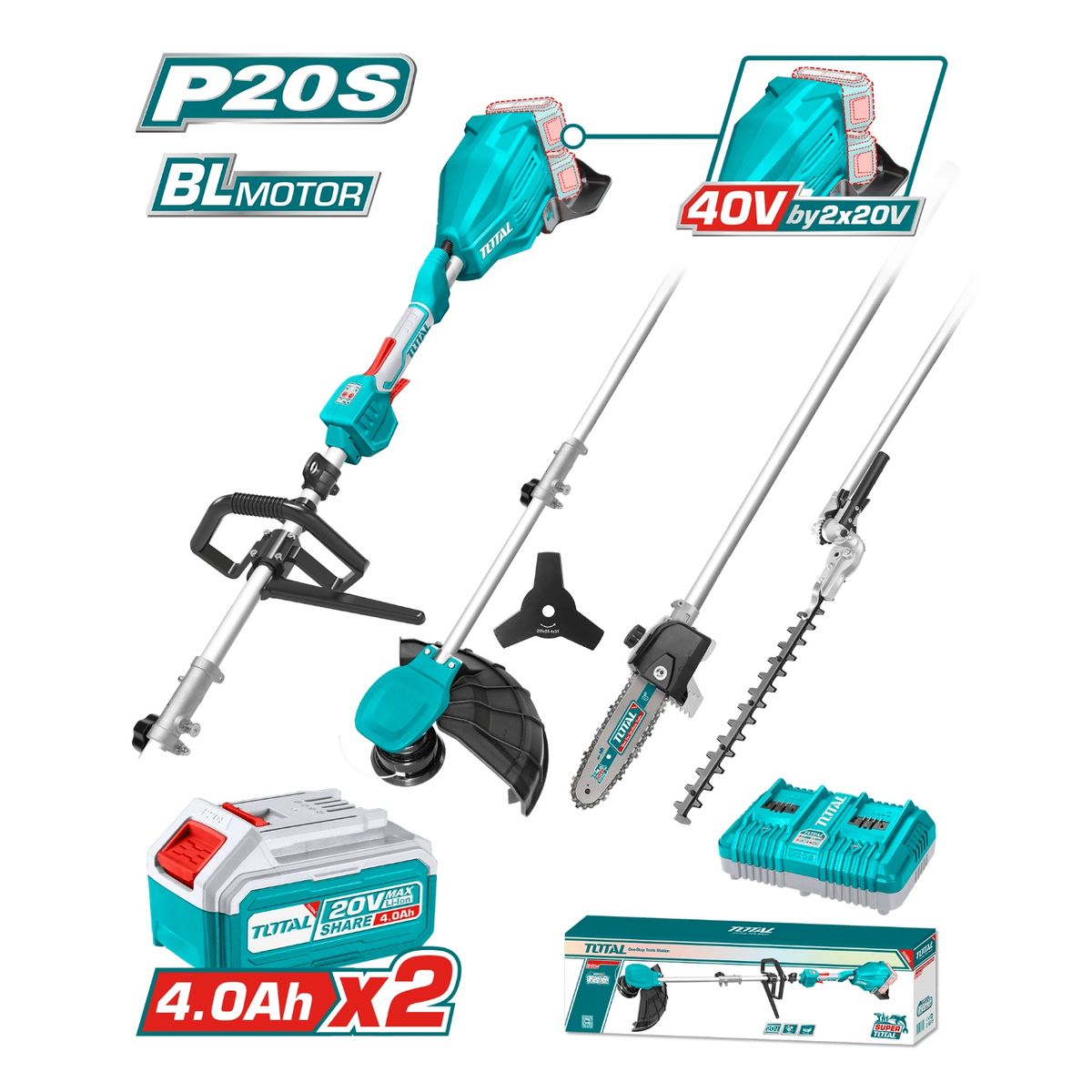 TOTAL TOOLS - Desmalezadora Multifuncional 40v + Batería y Cargador Total