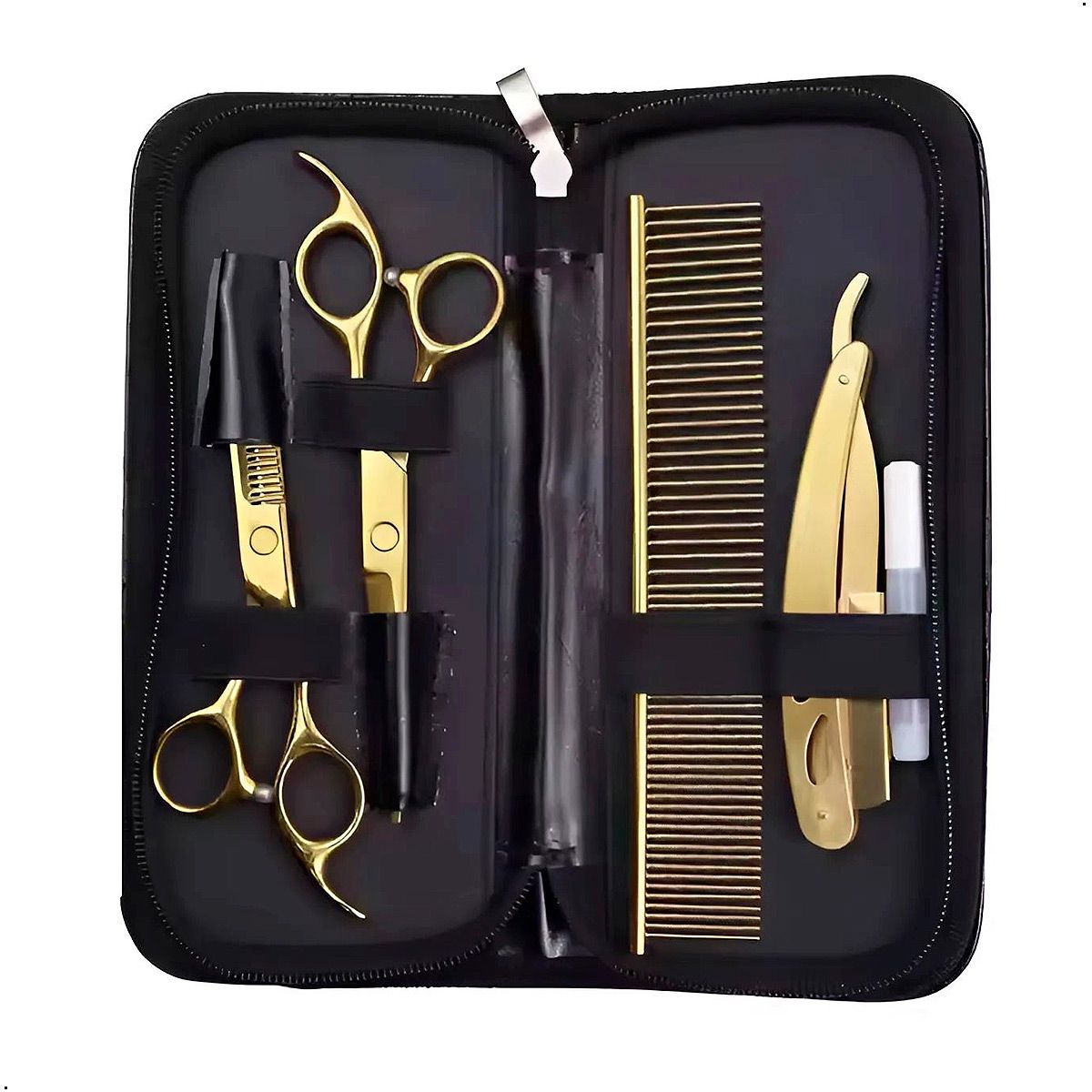 GENERICO - Set De Tijeras Doradas Profesional Corte Pulir y Navaja